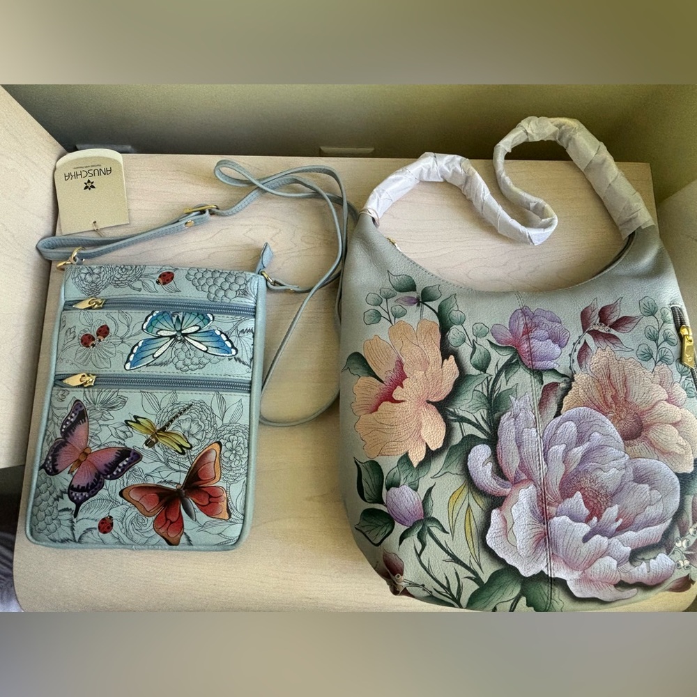 New Designer Anuschka Light Blue Floral Genuine Leather Shoulder Bag & Crossbody